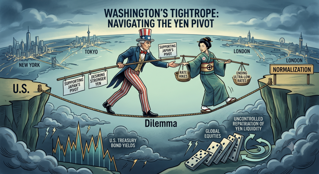 A sophisticated editorial illustration in a clean, modern style depicting a delicate geopolitical balancing act. Uncle Sam (labeled 'U.S.') and a woman in a kimono (labeled 'JAPAN') walk together on a tightrope across a massive, dark chasm. Main title at the top: 'WASHINGTON'S TIGHTROPE: NAVIGATING THE YEN PIVOT'. Uncle Sam holds a sign 'SUPPORTING JAPAN'S PIVOT' and balance weights labeled 'DESIRING STRONGER YEN'. The woman, slightly ahead on the tightrope, labeled 'JAPAN', carries baskets on a yoke labeled 'RATE HIKES' and 'ENDING ULTRA-LOW RATES', leading toward a destination platform labeled 'NORMALIZATION'. In the chasm labeled 'DILEMMA', dangerous risks are visualized: on the left, a spiked graph with lightning shows 'U.S. TREASURY BOND YIELDS' spiking; on the right, a chain reaction of falling dominoes labeled 'GLOBAL EQUITIES' with a circular arrow labeled 'UNCONTROLLED REPATRIATION OF YEN LIQUIDITY'. A global map with city skylines (New York, Tokyo, London) is in the background.
