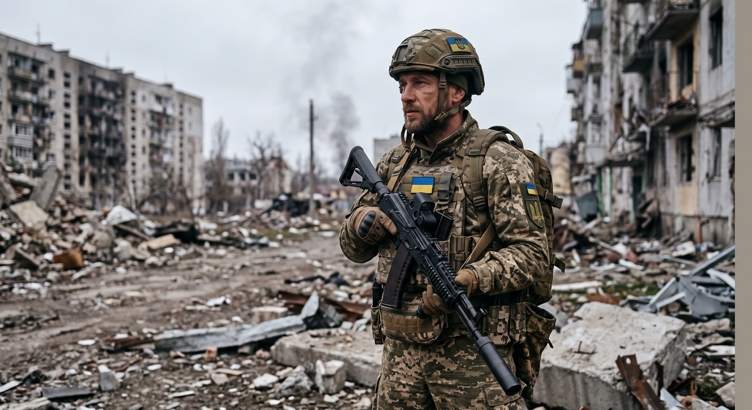 A photograph of a Ukrainian soldier in full uniform, tactical gear, and a helmet with visible national flag patches. The soldier is holding a rifle and standing among the rubble of a destroyed building.