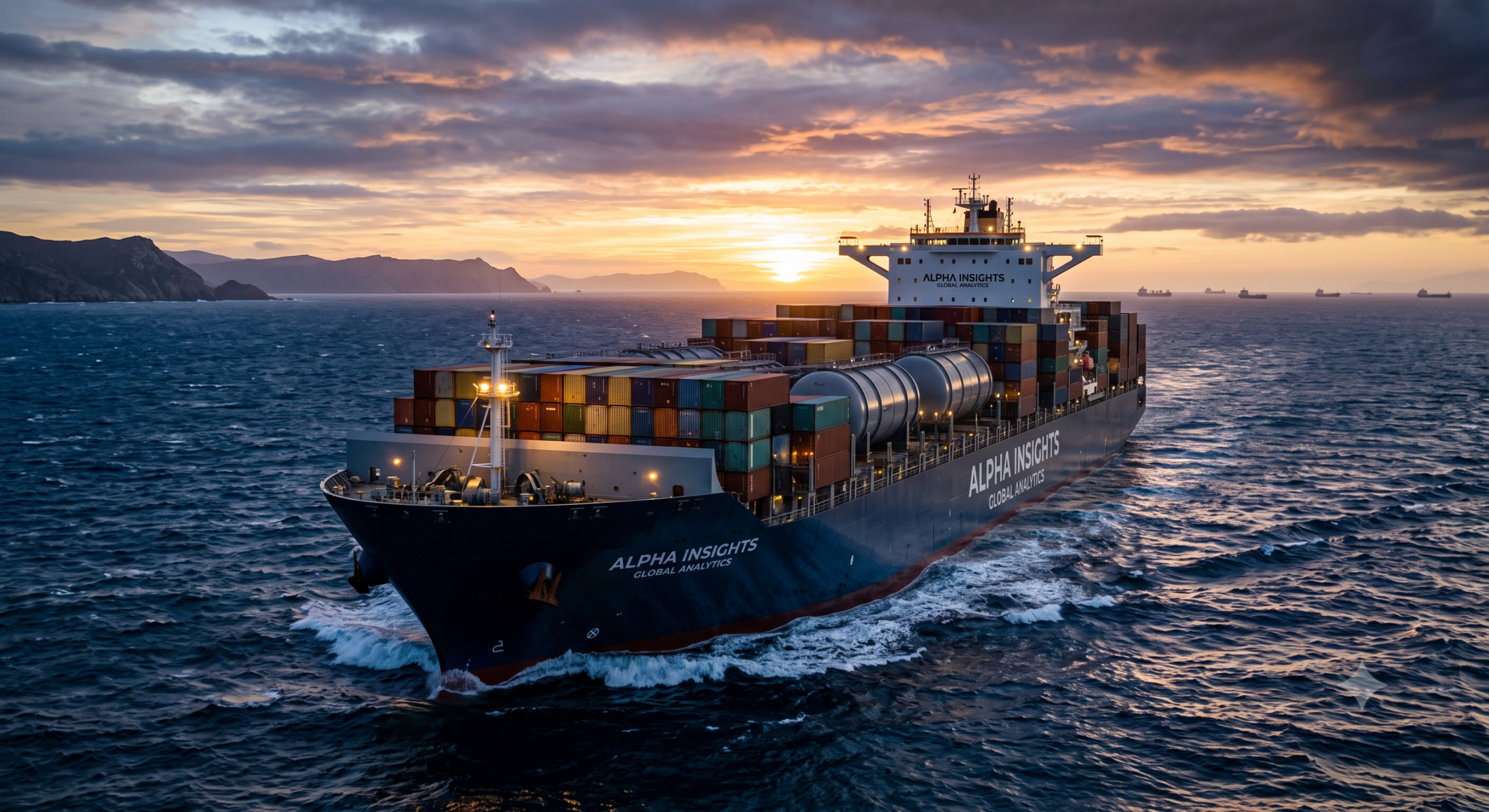 A massive cargo ship branded with "ALPHA INSIGHTS GLOBAL ANALYTICS" navigating through ocean waves under a dramatic sunset sky, heavily loaded with cargo containers and representing global supply chain risks.