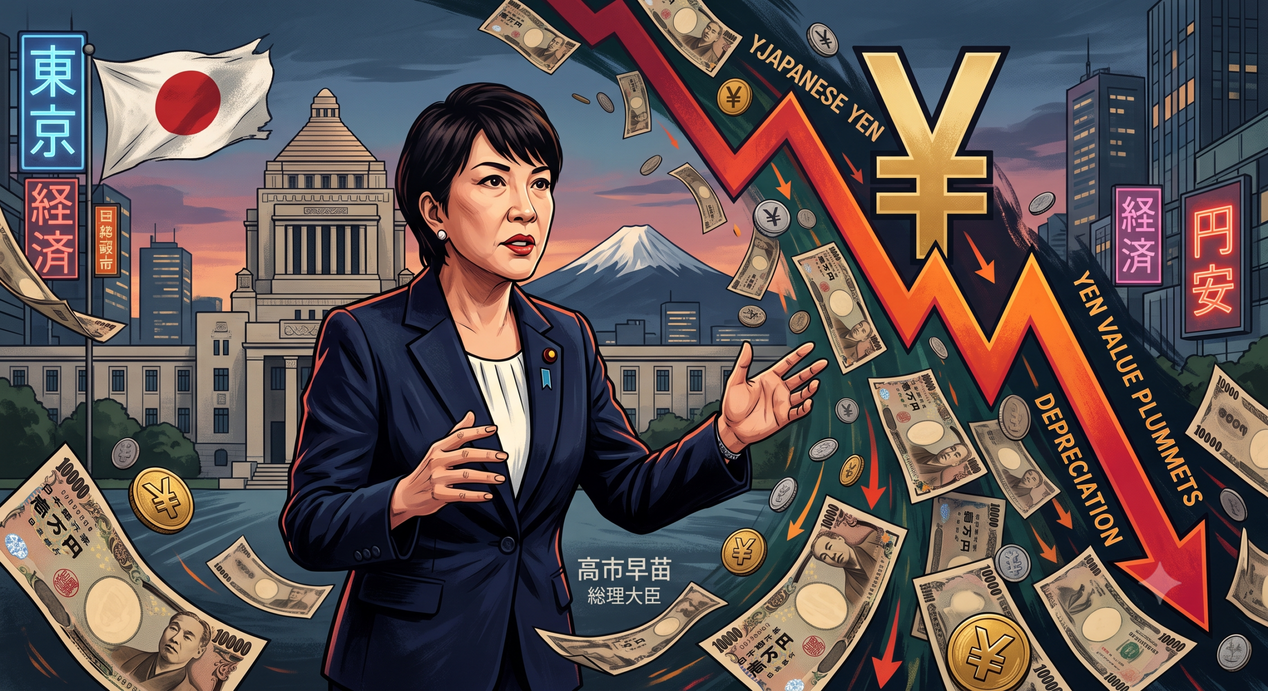 A dynamic digital illustration depicting Sanae Takaichi, the Prime Minister of Japan, standing in front of the National Diet Building in Tokyo, surrounded by a visual representation of the Japanese Yen's sharp collapse. She is positioned before a plummeting red line chart that symbolizes the yen's decline, labeled with "YEN VALUE PLUMMETS" and "DEPRECIATION" and marked with large downward arrows. A torrential cascade of 10,000 Yen banknotes and coins falls with the graph. Neon signs in Japanese text on buildings and structures read "Tokyo," "Economy," and "Yen Weakness" (円安), with a distressed Japanese flag waving. Takaichi wears a navy blazer and has a determined, worried expression. Her name and title are written in Japanese text (高市早苗 総理大臣).